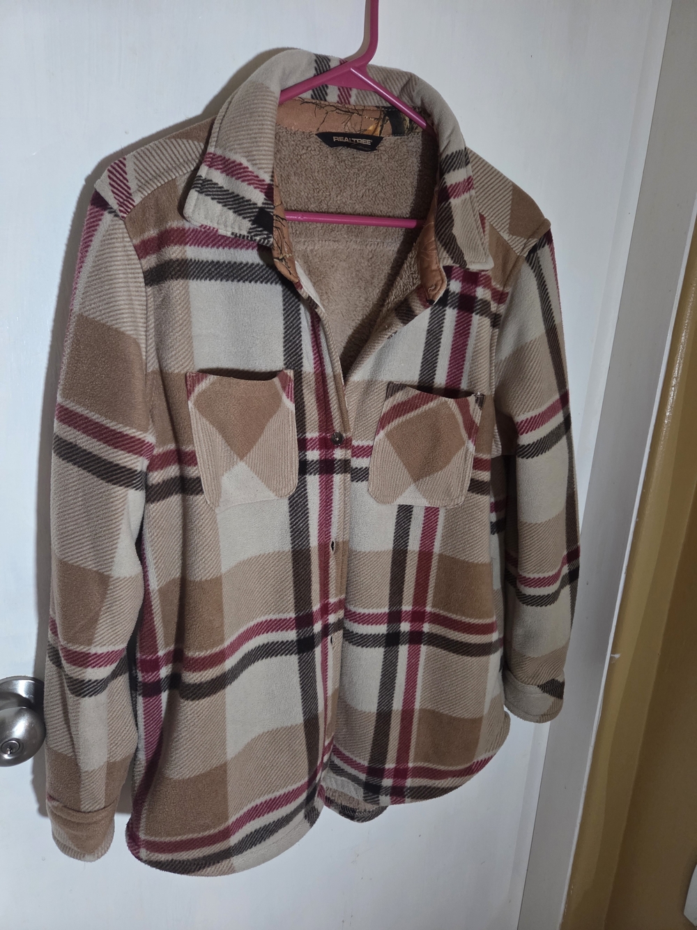 Realtree Tan, Cream & Brown Plaid Sherpa-Lined Utility Jacket